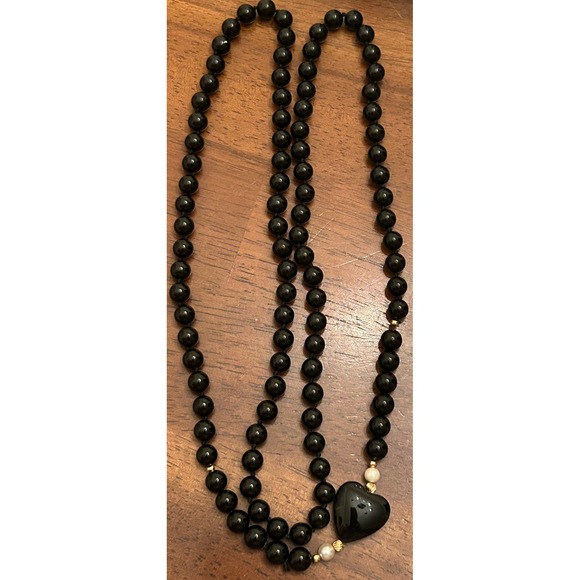 Vintage Black Onyx 14K‎ Gold Pearl Necklace Heart